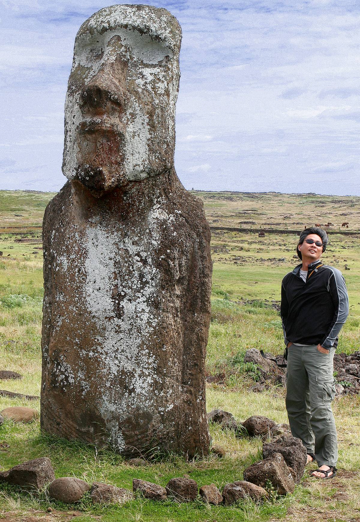 Standing side by side with a giant head.