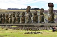The 15 Tongariki moai, standing erect in rigid military attention, are the largest statues on the island.
