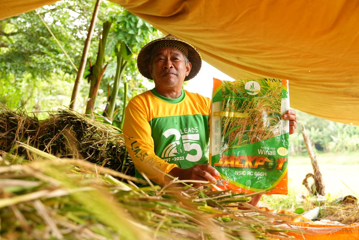 Mr. Buenaventura Paleracio from Lucban Quezon poses with Jackpot 102 while sorting through their harvest
