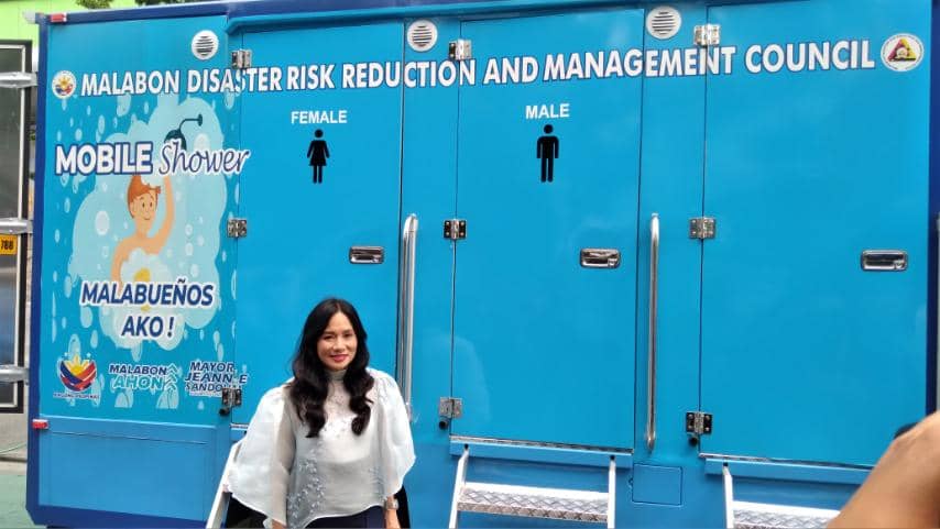 Malabon City Mayor Jeannie Sandoval showcases the new Mobile Shower Truck, which is intended to support residents’ hygiene needs during disasters.