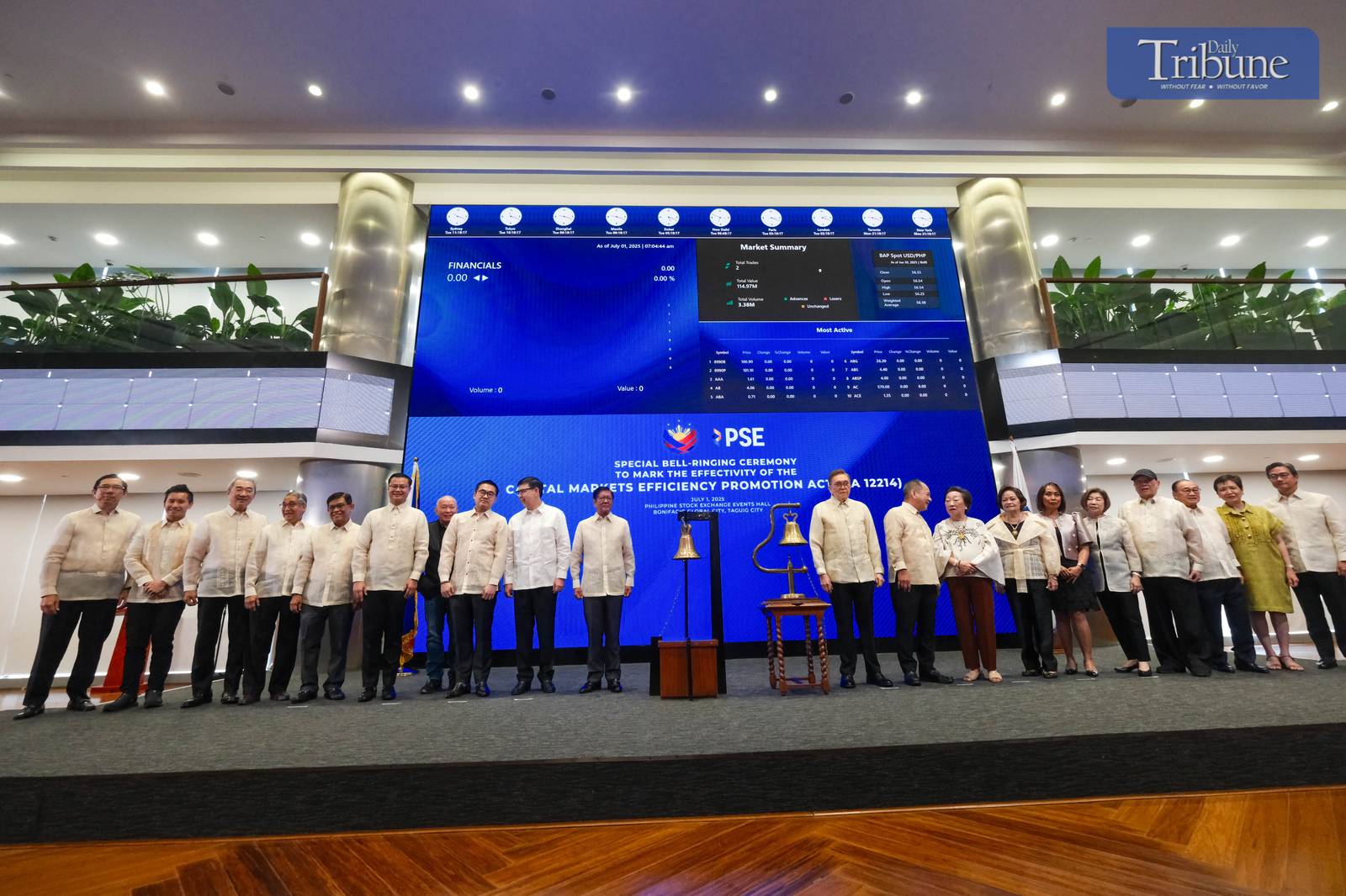 PRESIDENT Ferdinand R. Marcos Jr. leads the bell-ringing ceremony at the Philippine Stock Exchange in Taguig City on July 1, 2025, marking the implementation of the Capital Markets Efficiency Promotion Act (CMEPA). This landmark law slashes the stock transaction tax from 0.6% to 0.1%, significantly boosting the competitiveness of the Philippine market within the ASEAN region. The President was joined by key figures including Sen. Sherwin Gatchalian, OSAPIEA Sec. Frederick D. Go, Finance Sec. Ralph Recto, PSE Chairman Jose T. Pardo,  PSE President and CEO Ramon S. Monzon, Ma. Vivian Yuchengco, Retired Chief Justice Teresita Leonardo-De Castro, Atty. Marilyn Victorio-Aquino, and business tycoons Hans Sy, Tessie Sy Coson, Ramon Ang, among others.
