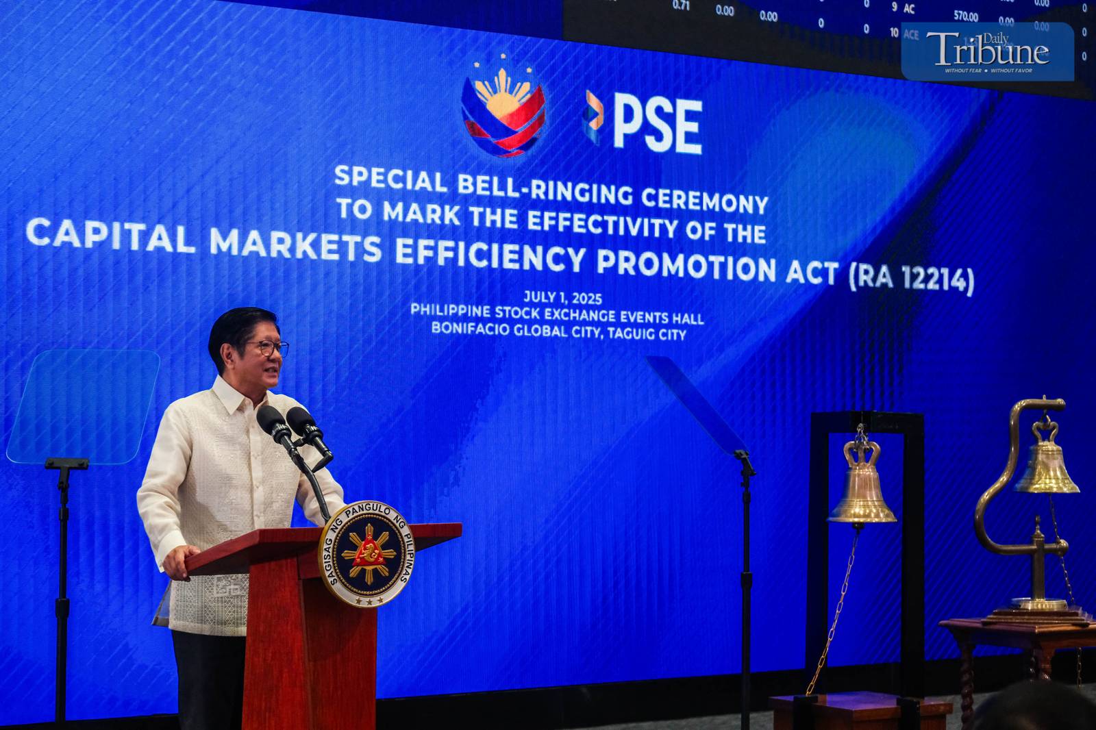 PRESIDENT Ferdinand R. Marcos Jr. leads the bell-ringing ceremony at the Philippine Stock Exchange in Taguig City on July 1, 2025, marking the implementation of the Capital Markets Efficiency Promotion Act (CMEPA). This landmark law slashes the stock transaction tax from 0.6% to 0.1%, significantly boosting the competitiveness of the Philippine market within the ASEAN region. The President was joined by key figures including Sen. Sherwin Gatchalian, OSAPIEA Sec. Frederick D. Go, Finance Sec. Ralph Recto, PSE Chairman Jose T. Pardo,  PSE President and CEO Ramon S. Monzon, Ma. Vivian Yuchengco, Retired Chief Justice Teresita Leonardo-De Castro, Atty. Marilyn Victorio-Aquino, and business tycoons Hans Sy, Tessie Sy Coson, Ramon Ang, among others.