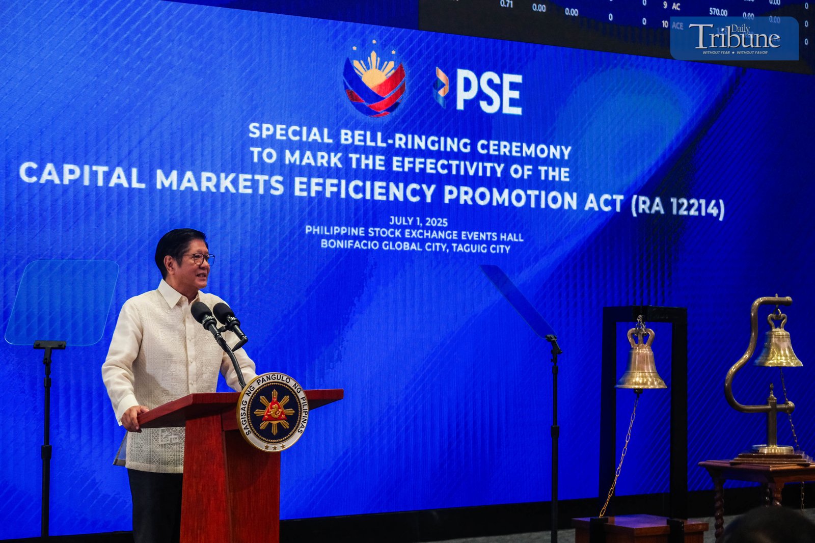 PRESIDENT Ferdinand R. Marcos Jr. leads the bell-ringing ceremony at the Philippine Stock Exchange in Taguig City on July 1, 2025, marking the implementation of the Capital Markets Efficiency Promotion Act (CMEPA). This landmark law slashes the stock transaction tax from 0.6% to 0.1%, significantly boosting the competitiveness of the Philippine market within the ASEAN region. The President was joined by key figures including Sen. Sherwin Gatchalian, OSAPIEA Sec. Frederick D. Go, Finance Sec. Ralph Recto, PSE Chairman Jose T. Pardo,  PSE President and CEO Ramon S. Monzon, Ma. Vivian Yuchengco, Retired Chief Justice Teresita Leonardo-De Castro, Atty. Marilyn Victorio-Aquino, and business tycoons Hans Sy, Tessie Sy Coson, Ramon Ang, among others.