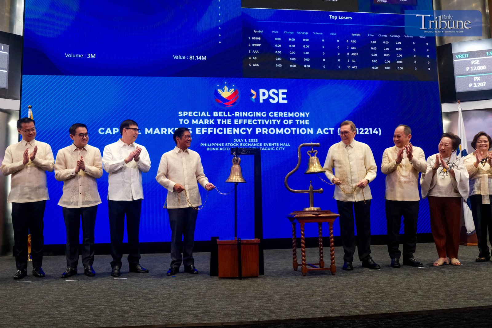 PRESIDENT Ferdinand R. Marcos Jr. leads the bell-ringing ceremony at the Philippine Stock Exchange in Taguig City on July 1, 2025, marking the implementation of the Capital Markets Efficiency Promotion Act (CMEPA). This landmark law slashes the stock transaction tax from 0.6% to 0.1%, significantly boosting the competitiveness of the Philippine market within the ASEAN region. The President was joined by key figures including Sen. Sherwin Gatchalian, OSAPIEA Sec. Frederick D. Go, Finance Sec. Ralph Recto, PSE Chairman Jose T. Pardo,  PSE President and CEO Ramon S. Monzon, Ma. Vivian Yuchengco, Retired Chief Justice Teresita Leonardo-De Castro, Atty. Marilyn Victorio-Aquino, and business tycoons Hans Sy, Tessie Sy Coson, Ramon Ang, among others.
