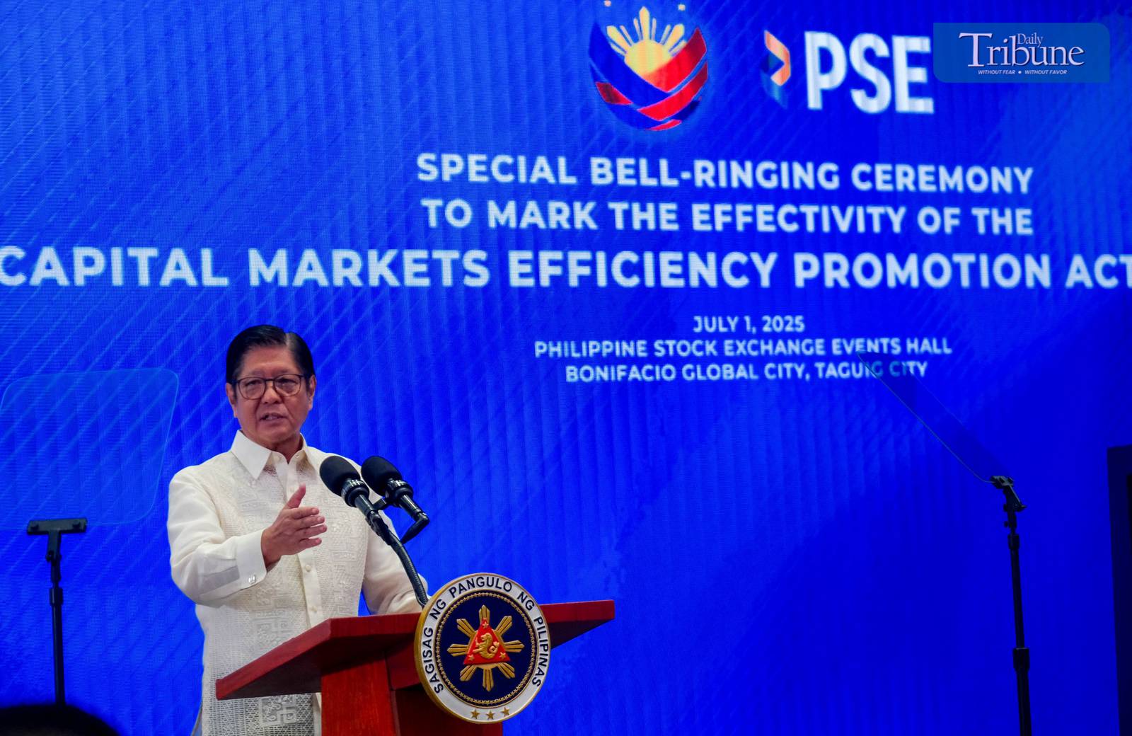 PRESIDENT Ferdinand R. Marcos Jr. leads the bell-ringing ceremony at the Philippine Stock Exchange in Taguig City on July 1, 2025, marking the implementation of the Capital Markets Efficiency Promotion Act (CMEPA). This landmark law slashes the stock transaction tax from 0.6% to 0.1%, significantly boosting the competitiveness of the Philippine market within the ASEAN region. The President was joined by key figures including Sen. Sherwin Gatchalian, OSAPIEA Sec. Frederick D. Go, Finance Sec. Ralph Recto, PSE Chairman Jose T. Pardo,  PSE President and CEO Ramon S. Monzon, Ma. Vivian Yuchengco, Retired Chief Justice Teresita Leonardo-De Castro, Atty. Marilyn Victorio-Aquino, and business tycoons Hans Sy, Tessie Sy Coson, Ramon Ang, among others.