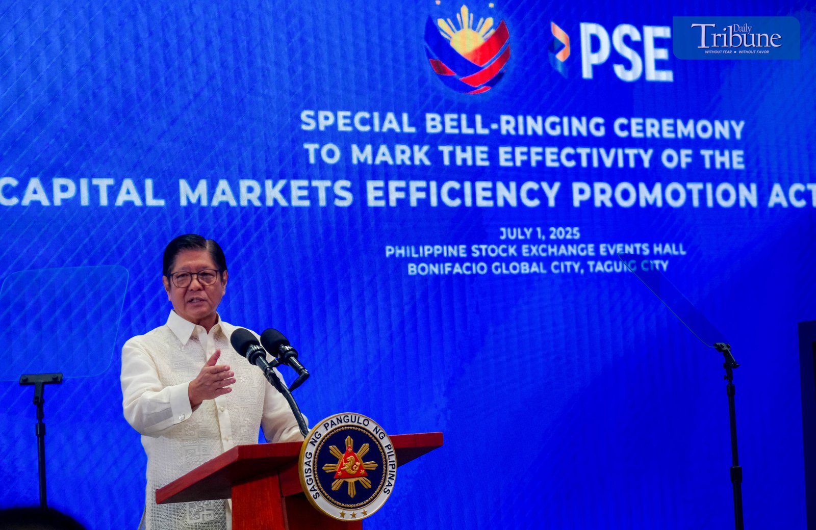 PRESIDENT Ferdinand R. Marcos Jr. leads the bell-ringing ceremony at the Philippine Stock Exchange in Taguig City on July 1, 2025, marking the implementation of the Capital Markets Efficiency Promotion Act (CMEPA). This landmark law slashes the stock transaction tax from 0.6% to 0.1%, significantly boosting the competitiveness of the Philippine market within the ASEAN region. The President was joined by key figures including Sen. Sherwin Gatchalian, OSAPIEA Sec. Frederick D. Go, Finance Sec. Ralph Recto, PSE Chairman Jose T. Pardo,  PSE President and CEO Ramon S. Monzon, Ma. Vivian Yuchengco, Retired Chief Justice Teresita Leonardo-De Castro, Atty. Marilyn Victorio-Aquino, and business tycoons Hans Sy, Tessie Sy Coson, Ramon Ang, among others.
