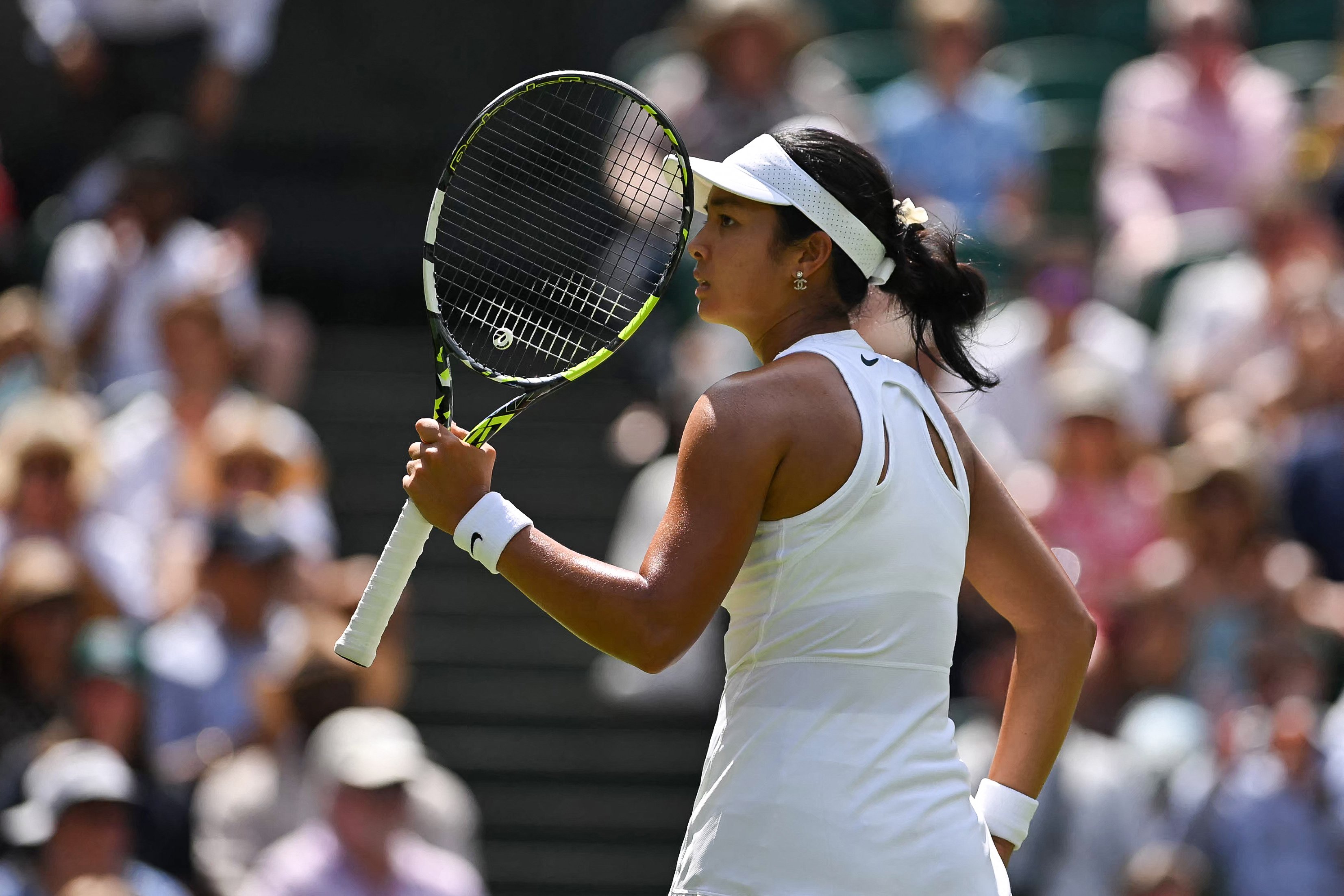 ALEXANDRA Eala fires a backhand return against Czech defending champion Barbora Krejcikova during their first-round women’s singles match at the 2025 Wimbledon Championships on Tuesday at the All England Club in London.