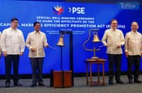PRESIDENT Ferdinand R. Marcos Jr. leads the bell-ringing ceremony at the Philippine Stock Exchange in Taguig City on July 1, 2025, marking the implementation of the Capital Markets Efficiency Promotion Act (CMEPA). This landmark law slashes the stock transaction tax from 0.6% to 0.1%, significantly boosting the competitiveness of the Philippine market within the ASEAN region. The President was joined by key figures including Sen. Sherwin Gatchalian, OSAPIEA Sec. Frederick D. Go, Finance Sec. Ralph Recto, PSE Chairman Jose T. Pardo, PSE President and CEO Ramon S. Monzon, Ma. Vivian Yuchengco, Retired Chief Justice Teresita Leonardo-De Castro, Atty. Marilyn Victorio-Aquino, and business tycoons Hans Sy, Tessie Sy Coson, Ramon Ang, among others.