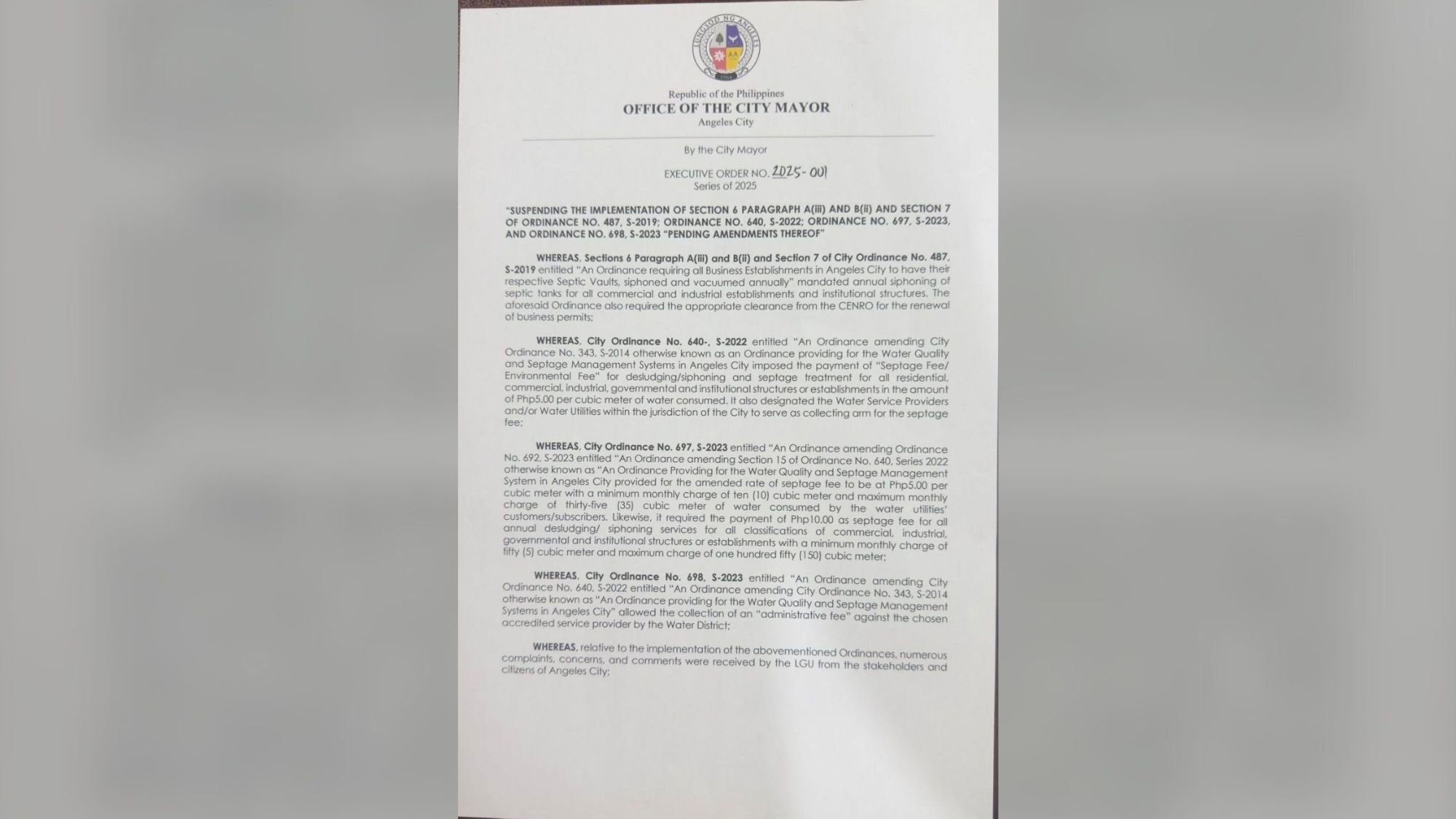 New Angeles City mayor suspends septage, environmental fees