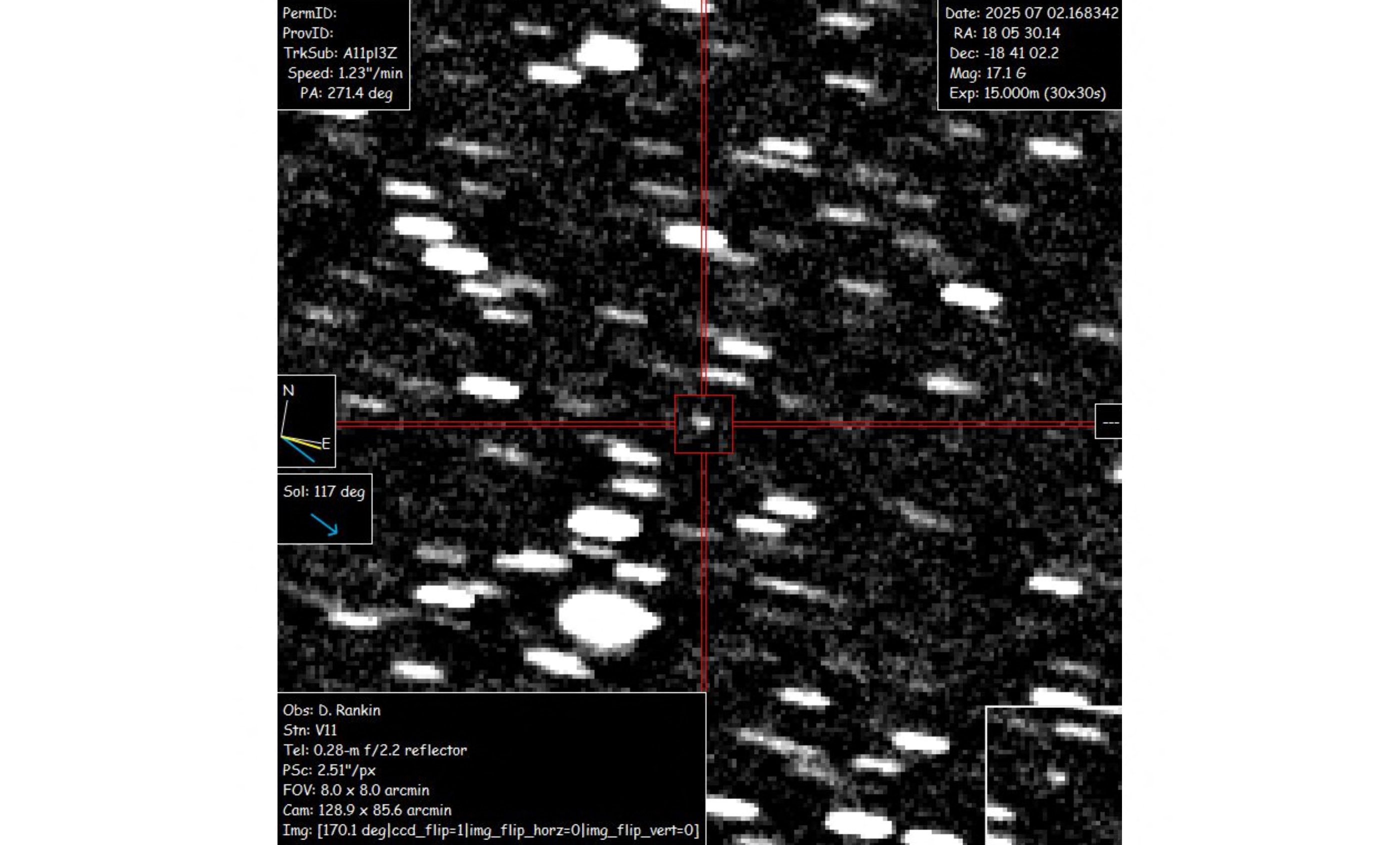 This image courtesy of David Rankin, Saguaro Observatory, shows interstellar object A11pI3Z captured on June 2, 2025 by David Rankin, engineer at the Catalina Sky Survey at the University of Arizona. Astronomers on June 2 confirmed the discovery of an interstellar object racing through our solar system -- only the third ever spotted, though scientists suspect many more may slip past unnoticed.