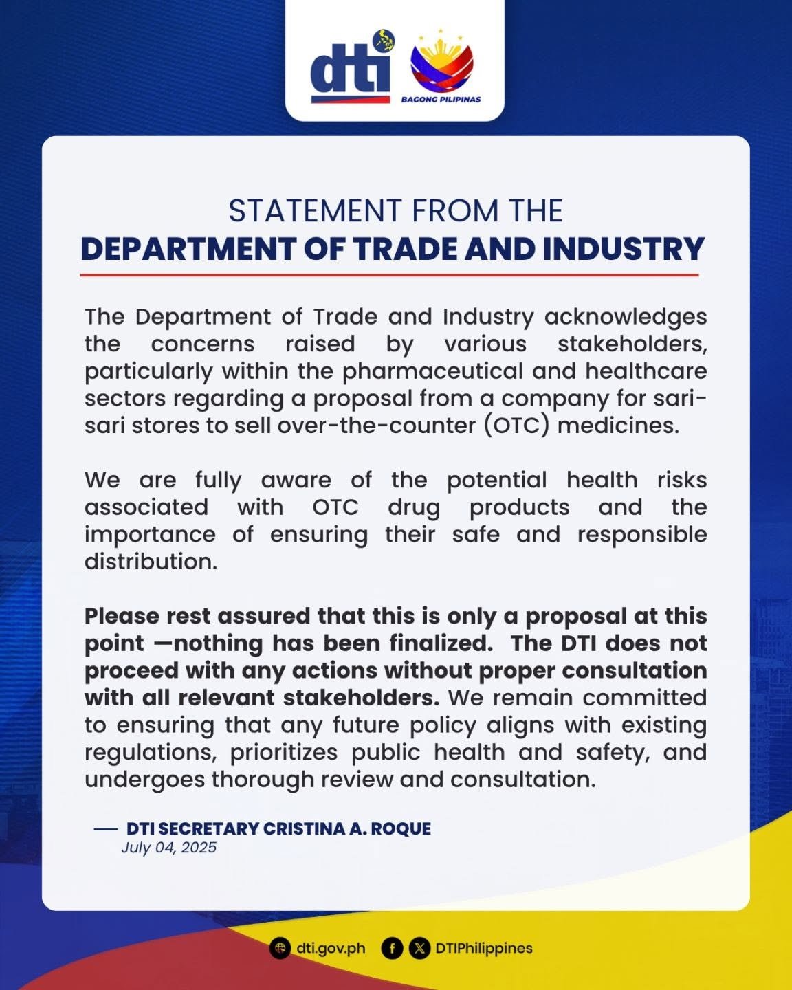 Selling OTC meds in sari-sari stores only a proposal, says DTI