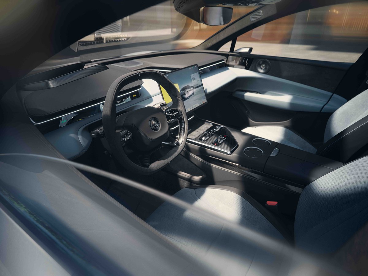 THE Emeya’s cockpit surrounds the driver in luxury, tech and Lotus’ race-bred DNA.