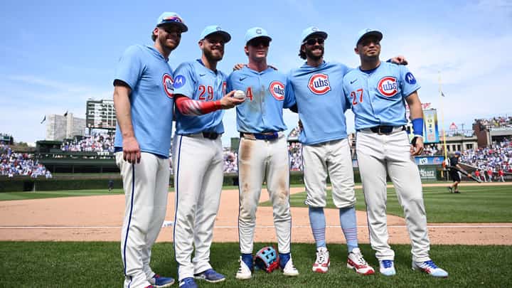 CARSON Kelly, Michael Busch, Pete Crow-Armstrong, Dansby Swanson and Seiya Suzuki smile after combining for a franchise-record eight home runs to power the Chicago Cubs to an 11-3 win over the St. Louis Cardinals in Major League Baseball.