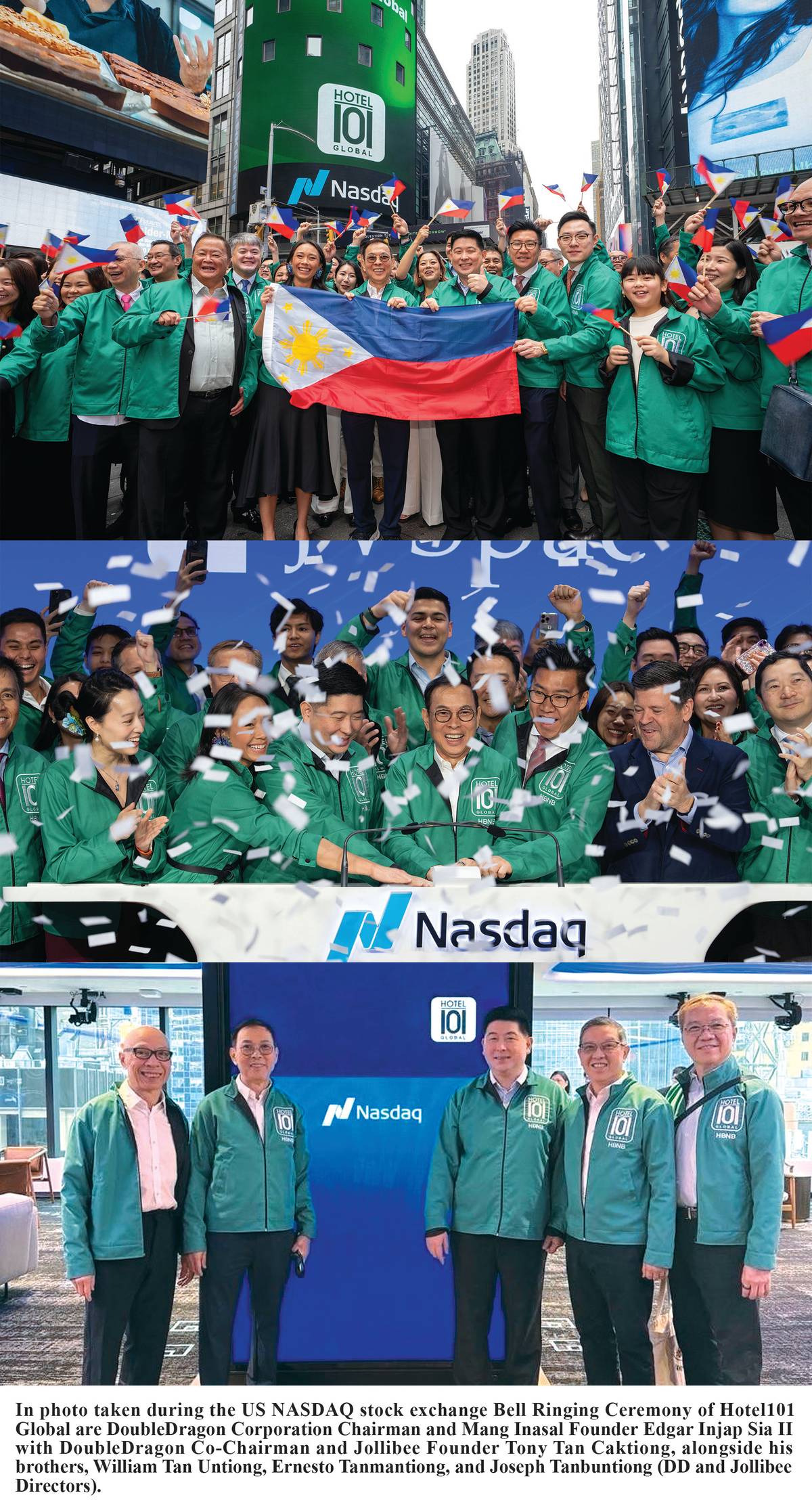 In photo taken during the US NASDAQ stock exchange Bell Ringing Ceremony of Hotel101 Global are DoubleDragon Corporation Chairman and Mang Inasal Founder Edgar Injap Sia II with DoubleDragon Co-Chairman and Jollibee Founder Tony Tan Caktiong, alongside his brothers, William Tan Untiong, Ernesto Tanmantiong, and Joseph Tanbuntiong (DD and Jollibee Directors).
