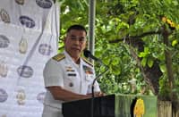 Philippine Navy spokesperson for WPS Rear Admiral Roy Vincent Trinidad talking to media during a press briefing at the Camp Aguinaldo in Quezon City on Tuesday.