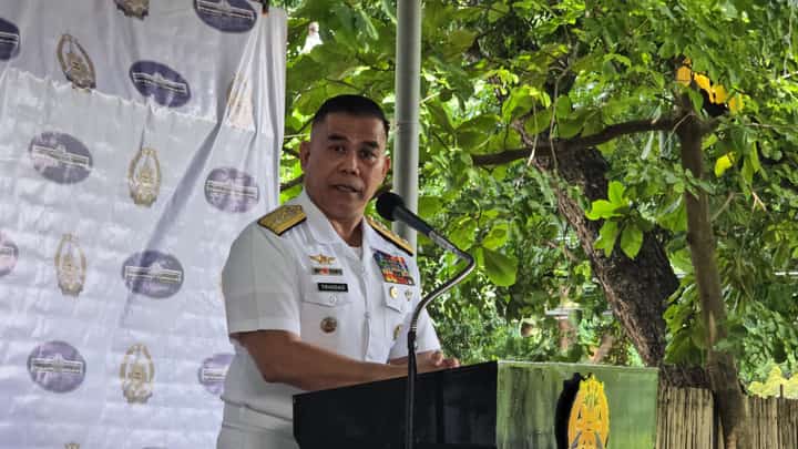 Philippine Navy spokesperson for WPS Rear Admiral Roy Vincent Trinidad talking to media during a press briefing at the Camp Aguinaldo in Quezon City on Tuesday.