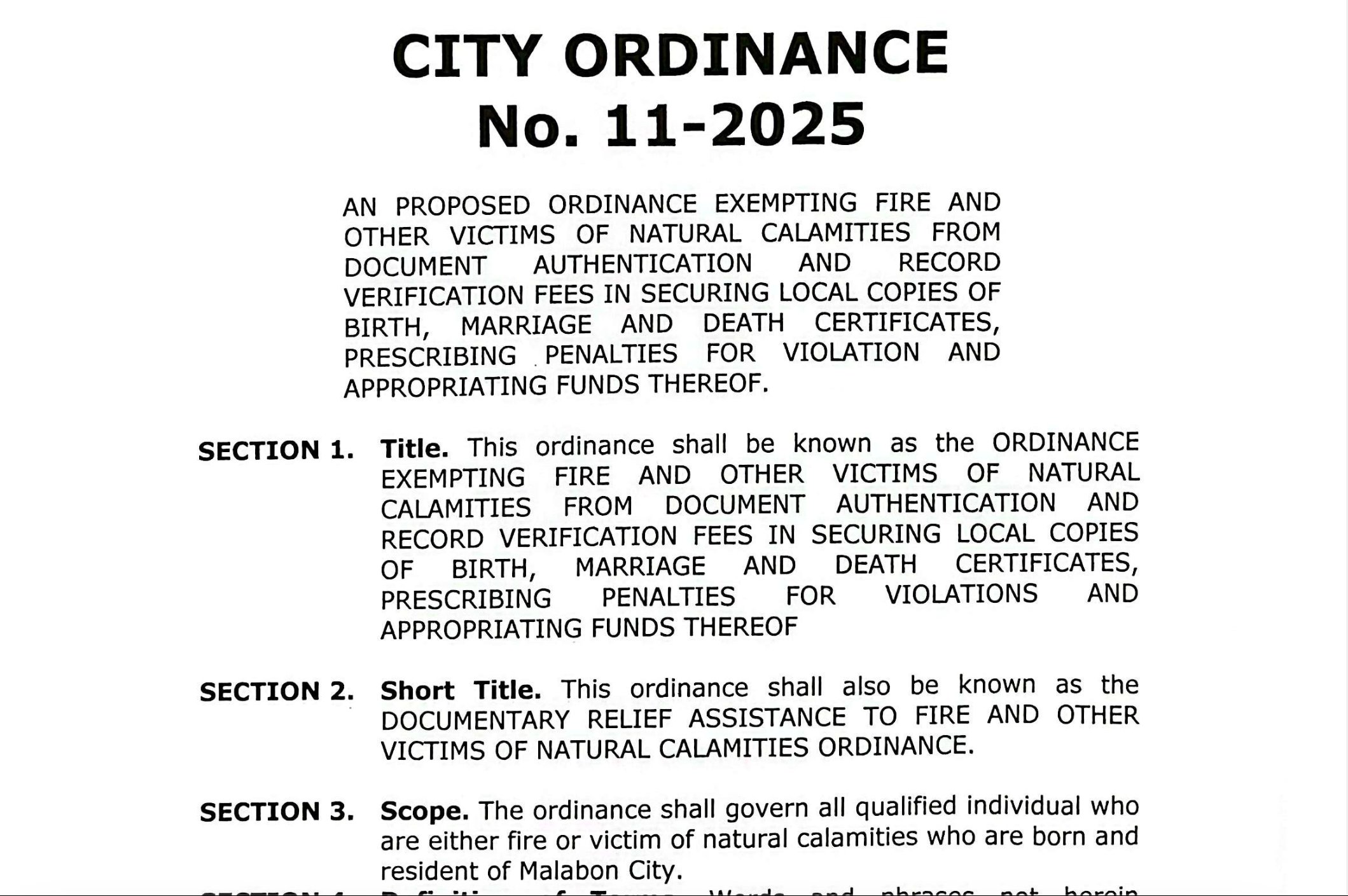 Malabon waives document fees for disaster victims under new ordinance