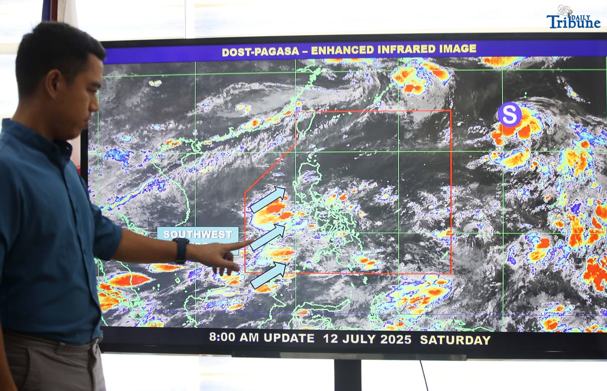 (July, 12 2025) Philippine Atmospheric, Geophysical and Astronomical Services Administration (PAGASA) Benison Estareja Weather Specialist point the tropical storm and southwest monsoon that brings rains and thunderstorms affect in Metro Manila, Mindanao, Central Luzon, Bicol Region, Pangasinan, and the rest of Visayas, CALABARZON, and MIMAROPA, on Saturday July 12 2025 at Pagasa office in Quezon City. Photo/Analy Labor