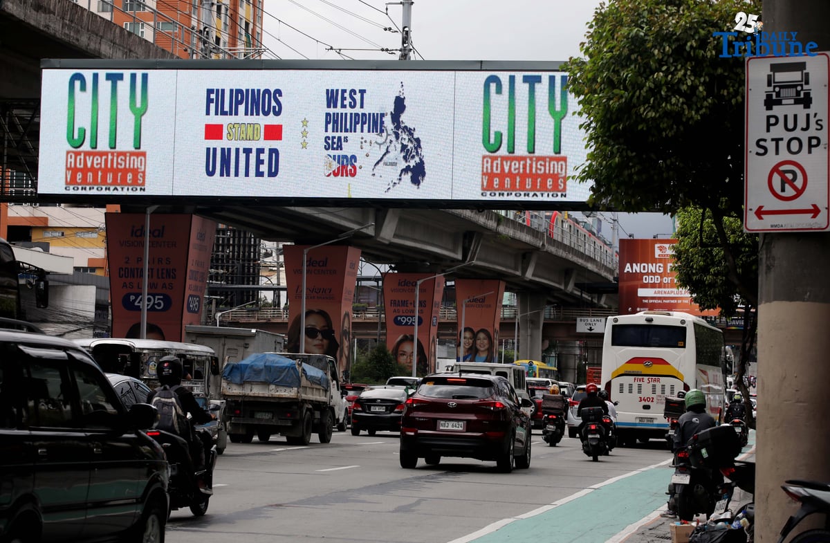 (July, 12 2025) An E-billboard of the West Philippine Sea displayed along Edsa in Quezon City on Saturday July 12 2025. Seven in 10 Filipinos believe that the Marcos administration should continue to assert its rights in the West Philippine Sea, or 73% of Filipino adults agree the government must persist in defending the Philippines' maritime claims in accordance with international law, including the 2016 arbitral ruling that invalidated China’s sweeping nine-dash line. a survey conducted by Pulse Asia showed on June 26 to 30. Photo/Analy Labor