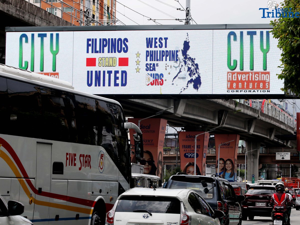 (July, 12 2025) An E-billboard of the West Philippine Sea displayed along Edsa in Quezon City on Saturday July 12 2025. Seven in 10 Filipinos believe that the Marcos administration should continue to assert its rights in the West Philippine Sea, or 73% of Filipino adults agree the government must persist in defending the Philippines' maritime claims in accordance with international law, including the 2016 arbitral ruling that invalidated China’s sweeping nine-dash line. a survey conducted by Pulse Asia showed on June 26 to 30. Photo/Analy Labor