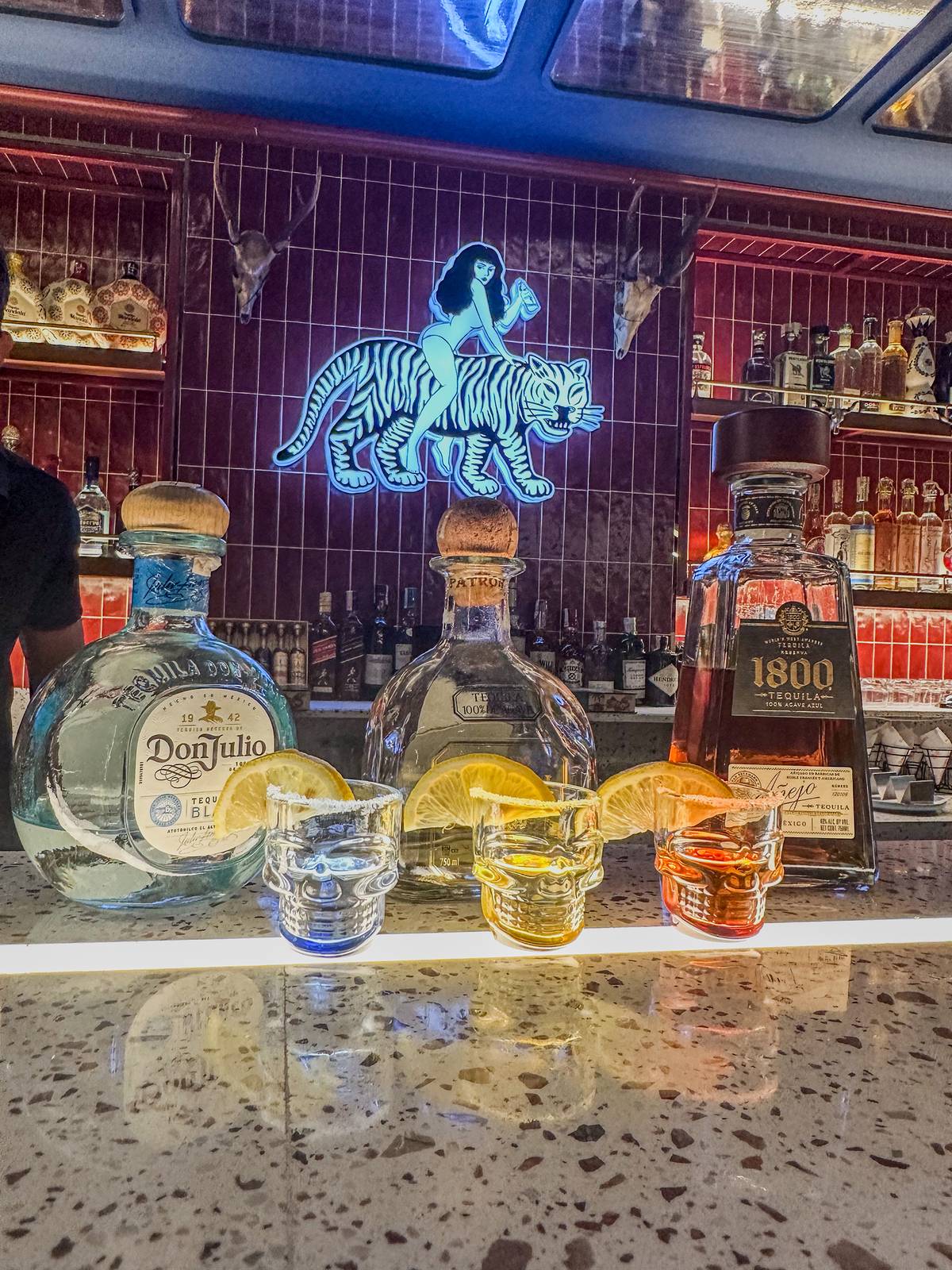 The restaurant’s tequila flight features blanco, reposado, and reserva tequila.