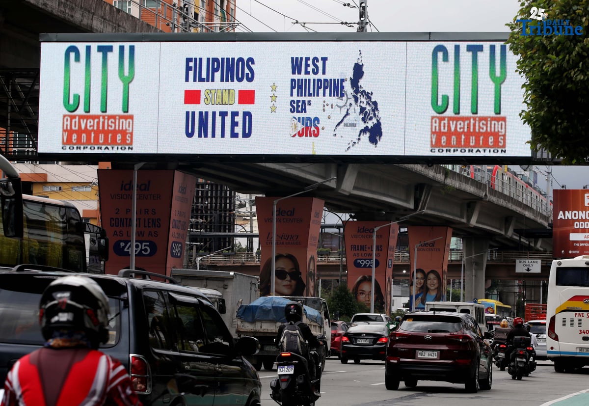 (July, 12 2025) An E-billboard of the West Philippine Sea displayed along Edsa in Quezon City on Saturday July 12 2025. Seven in 10 Filipinos believe that the Marcos administration should continue to assert its rights in the West Philippine Sea, or 73% of Filipino adults agree the government must persist in defending the Philippines' maritime claims in accordance with international law, including the 2016 arbitral ruling that invalidated China’s sweeping nine-dash line. a survey conducted by Pulse Asia showed on June 26 to 30. Photo/Analy Labor