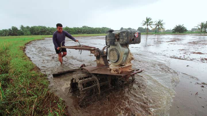 A young farmer uses a kuliglig to till the muddy farmland to prepare for the next crop of rice seedlings that will be planted in Morong, Bataan on Sunday morning.