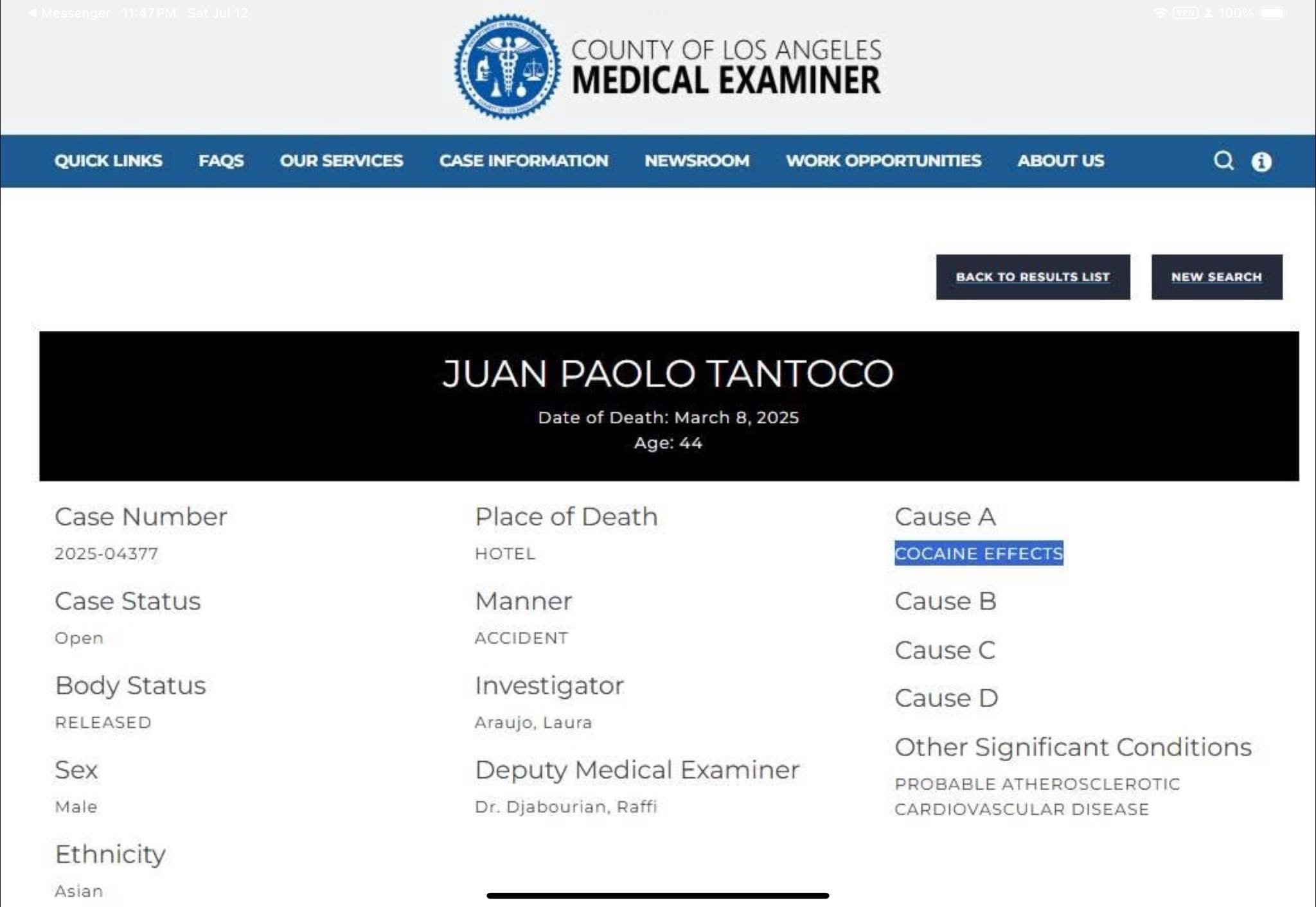 A screen grab of the LA County Medical Examiner reporting showing Paolo Tantoco's cause of death as "cocaine effects"