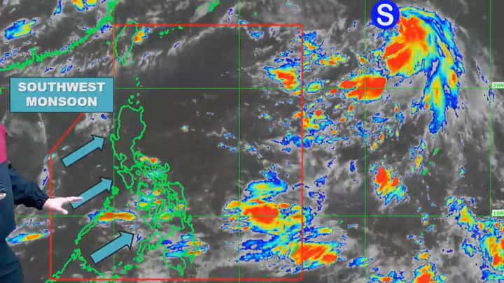 PAGASA satellite image as of 5 AM on Sunday, 13 July 2025, showing Tropical Storm "Nari," the southwest monsoon, and a cloud cluster being monitored east of Mindanao