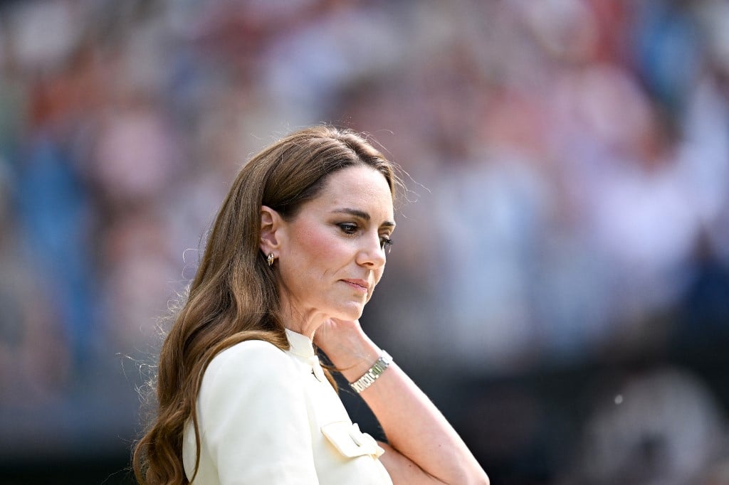 Britain's Catherine, Princess of Wales reacts on Centre Court for the trophy ceremony at the end the women's singles final tennis match between Poland's Iga Swiatek and US player Amanda Anisimova on the thirteenth day of the 2025 Wimbledon Championships at The All England Lawn Tennis and Croquet Club in Wimbledon, southwest London, on 12 July 2025.