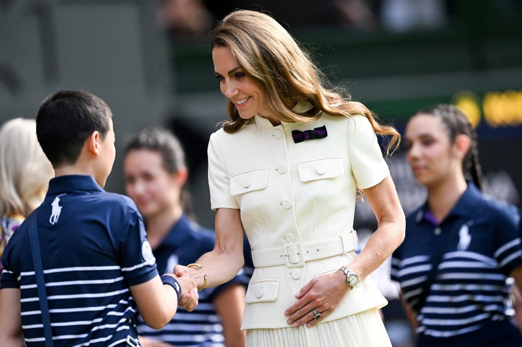 Britain's Catherine, Princess of Wales arrives Centre Court for the trophy ceremony at the end the women's singles final tennis match between Poland's Iga Swiatek and US player Amanda Anisimova on the thirteenth day of the 2025 Wimbledon Championships at The All England Lawn Tennis and Croquet Club in Wimbledon, southwest London, on July 12, 2025.