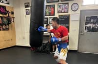 MANNY Pacquiao works on the heavy bag before leaving for Las Vegas, where he will face Mario Barrios in their WBC welterweight title fight this Saturday at the MGM Grand.
