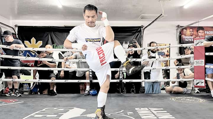 MANNY Pacquiao sets the Knuckleheads Boxing Gym on fire as he displays his speed during an open workout ahead of his WBC welterweight title fight against Mario Barrios at the MGM Grand in Las Vegas.