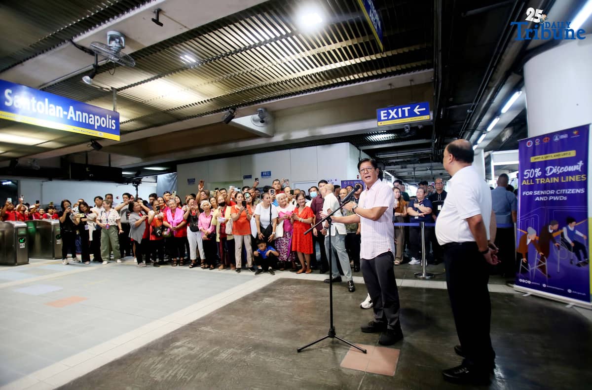 President Ferdinand Marcos Jr. leads the launch of the 50% train fare discount for senior citizens and persons with disabilities at the MRT-3 Santolan-Annapolis Station in Quezon City on Tuesday, July 16, 2025. Joining him are Transportation Secretary Vince Dizon and MRT-3 General Manager Michael Capati.