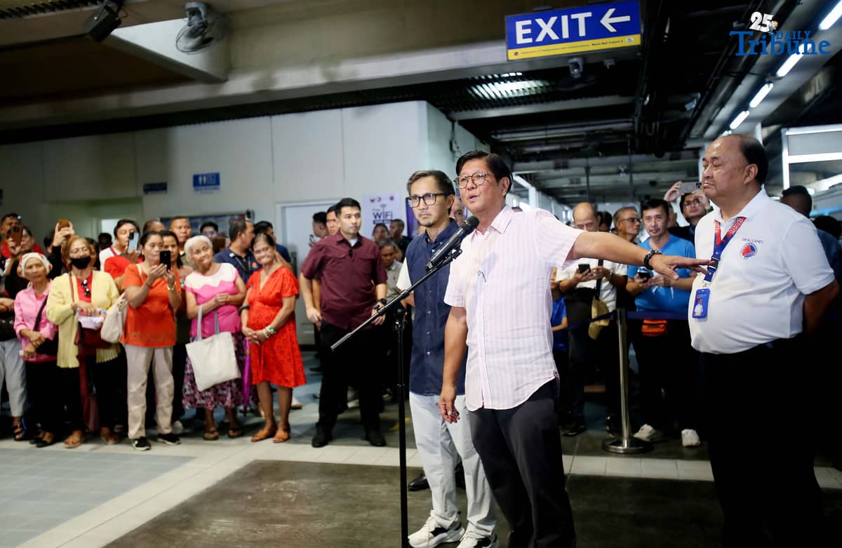 President Ferdinand Marcos Jr. leads the launch of the 50% train fare discount for senior citizens and persons with disabilities at the MRT-3 Santolan-Annapolis Station in Quezon City on Tuesday, July 16, 2025. Joining him are Transportation Secretary Vince Dizon and MRT-3 General Manager Michael Capati.