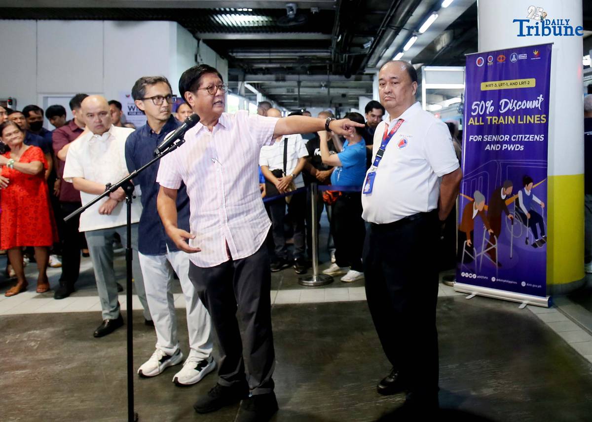 President Ferdinand Marcos Jr. leads the launch of the 50% train fare discount for senior citizens and persons with disabilities at the MRT-3 Santolan-Annapolis Station in Quezon City on Tuesday, July 16, 2025. Joining him are Transportation Secretary Vince Dizon and MRT-3 General Manager Michael Capati.