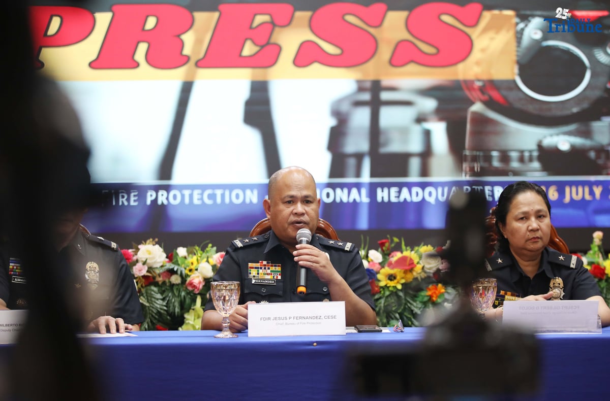 Bureau of Fire Protection (BFP) Director Jesus Piedad Fernandez speaks to the media during a press briefing at BFP Headquarters in Quezon City on Wednesday. Fernandez said the BFP will deploy fire trucks and personnel in support of the Philippine National Police to help secure President Ferdinand Marcos Jr.’s fourth State of the Nation Address (SONA) on 28 July 2025.