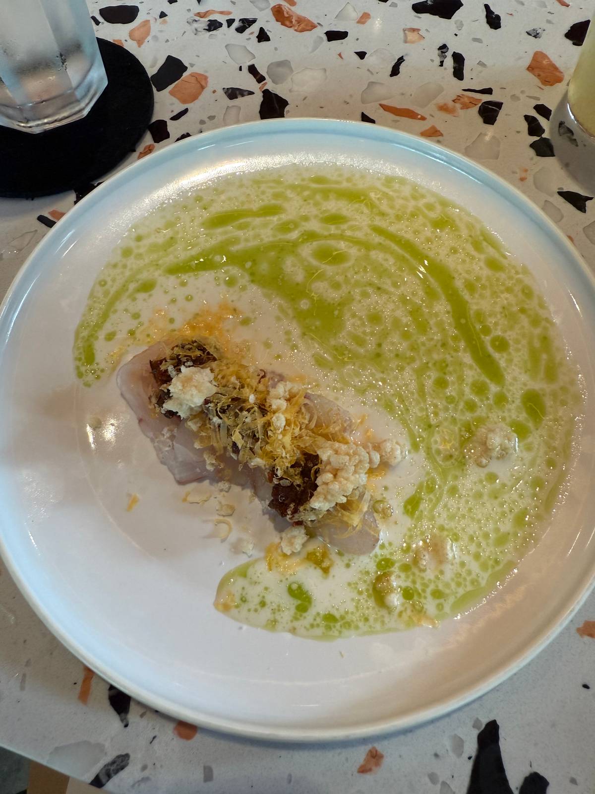White Fish and Coconut Crudo with California Raisin Tapenade.