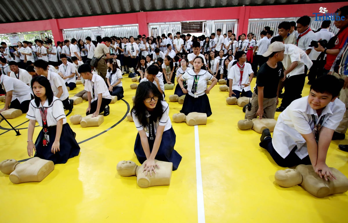 Students of Nangka High School in Marikina City take part in the 2nd National CPR Day and Nationwide Mass CPR Training on Thursday, in observance of National Cardiopulmonary Resuscitation (CPR) Day as mandated by Republic Act No. 10871, or the Samboy Lim Law. The training was organized by the Philippine Heart Association in partnership with the Marikina City government.