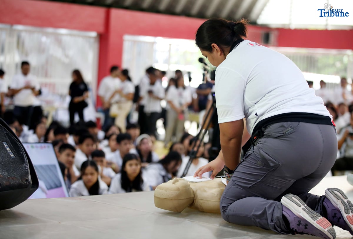 Students of Nangka High School in Marikina City take part in the 2nd National CPR Day and Nationwide Mass CPR Training on Thursday, in observance of National Cardiopulmonary Resuscitation (CPR) Day as mandated by Republic Act No. 10871, or the Samboy Lim Law. The training was organized by the Philippine Heart Association in partnership with the Marikina City government.