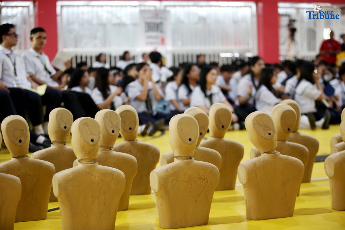 Students of Nangka High School in Marikina City take part in the 2nd National CPR Day and Nationwide Mass CPR Training on Thursday, in observance of National Cardiopulmonary Resuscitation (CPR) Day as mandated by Republic Act No. 10871, or the Samboy Lim Law. The training was organized by the Philippine Heart Association in partnership with the Marikina City government.