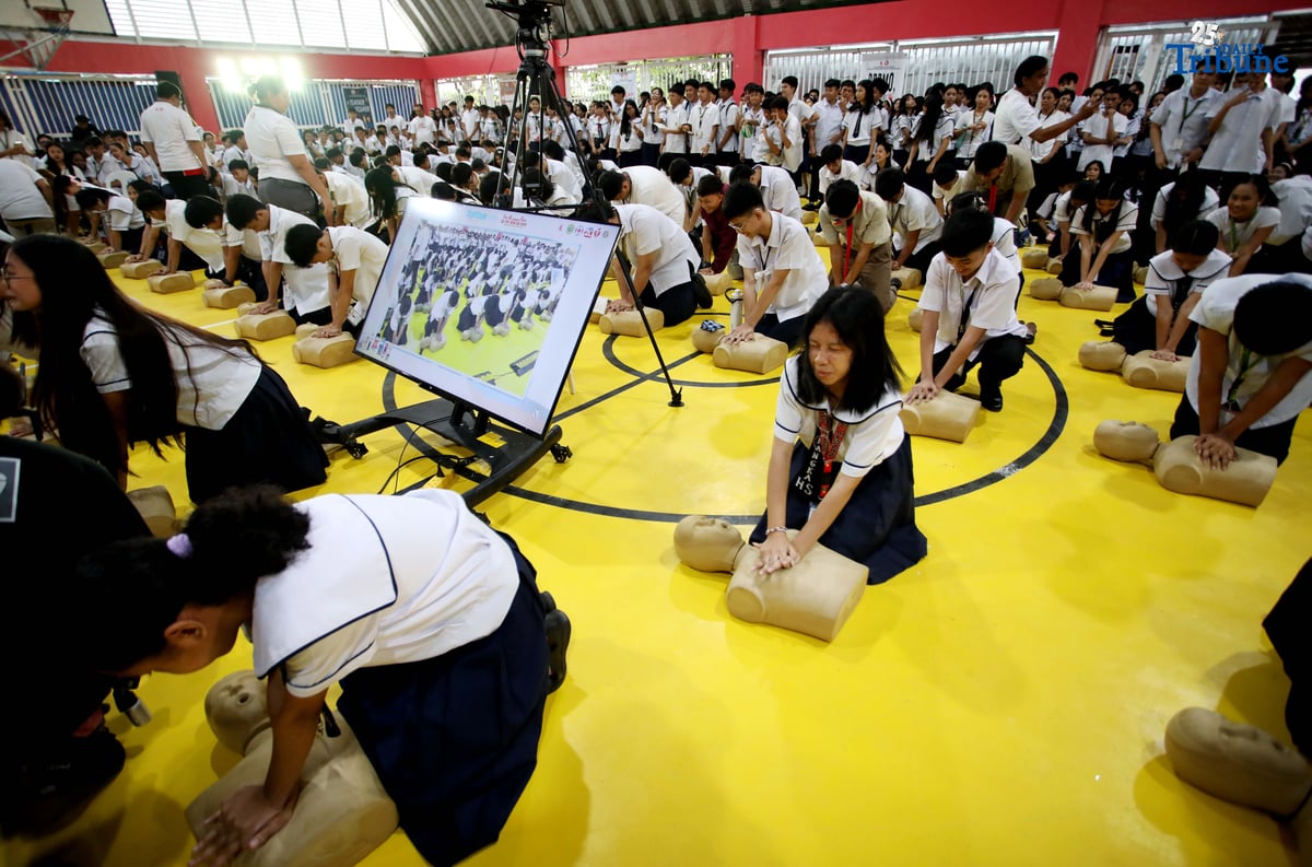 Students of Nangka High School in Marikina City take part in the 2nd National CPR Day and Nationwide Mass CPR Training on Thursday, in observance of National Cardiopulmonary Resuscitation (CPR) Day as mandated by Republic Act No. 10871, or the Samboy Lim Law. The training was organized by the Philippine Heart Association in partnership with the Marikina City government.
