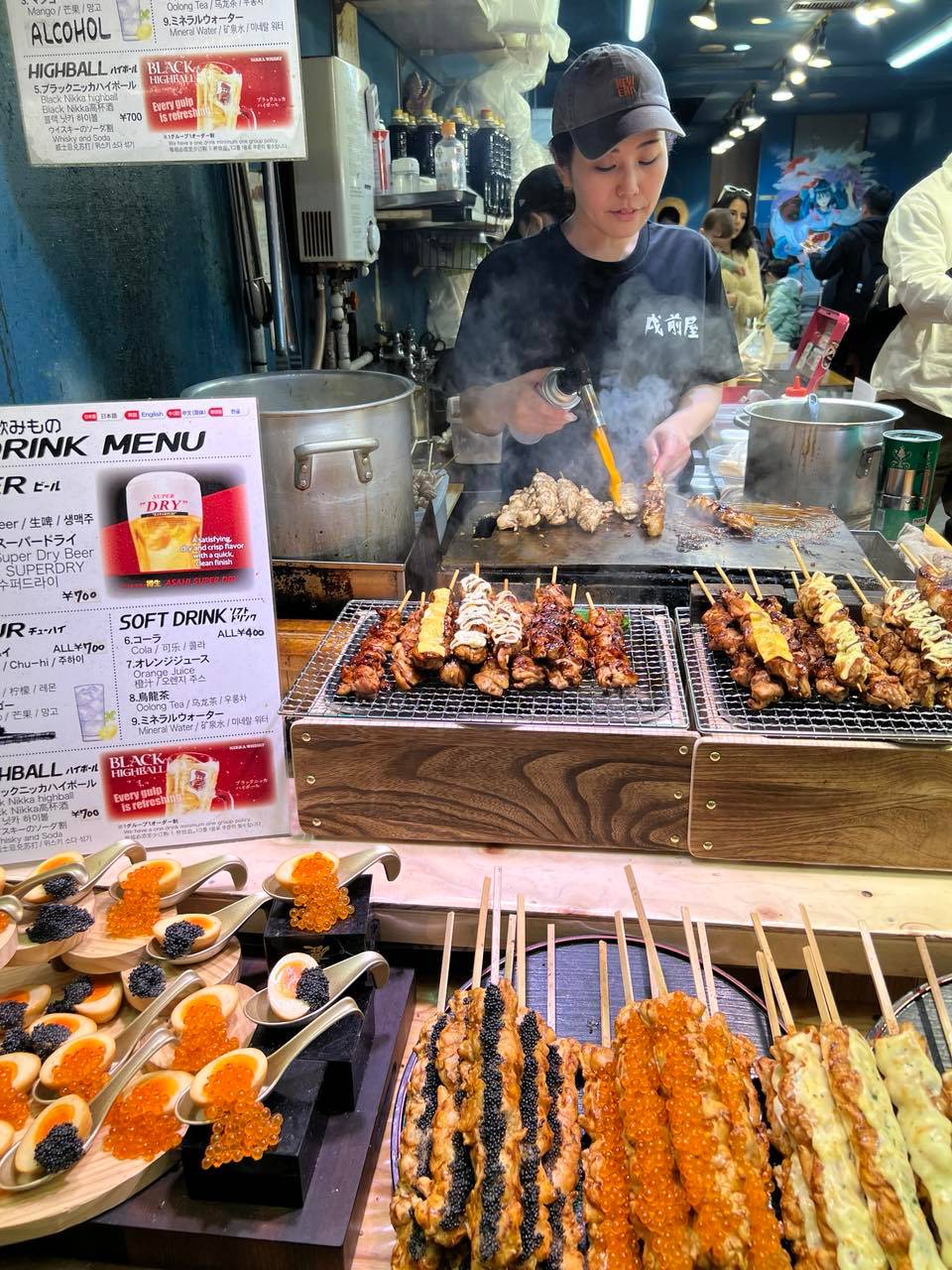 Fried, torched, and grilled skewers.