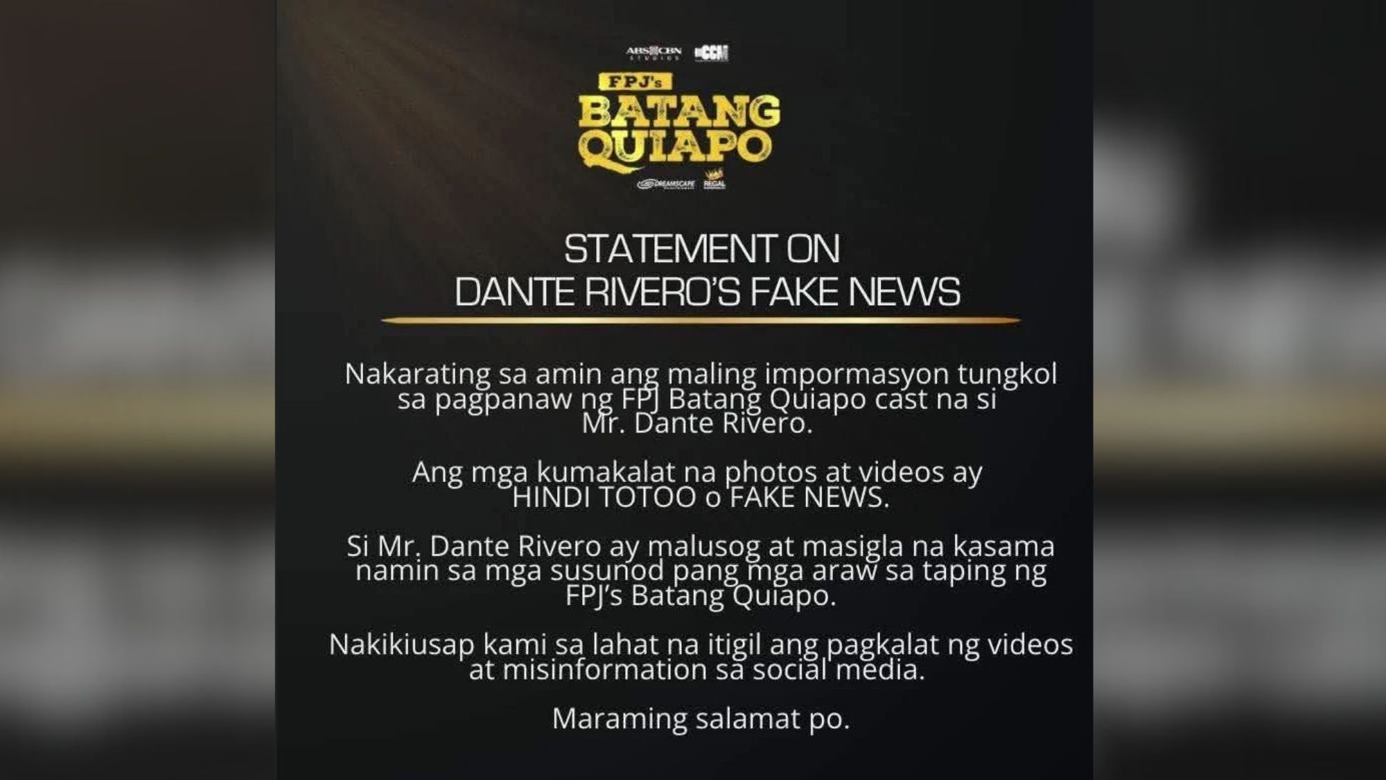 Batang Quiapo team slams fake news on Dante Rivero