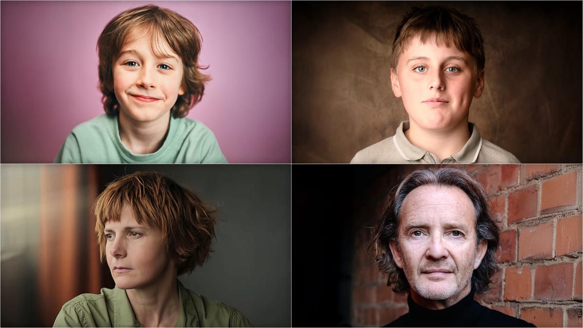 (Clockwise) Rory Wilmot as Neville Longbottom, Amos Kitson as Dudley Dursley, Anton Lesser as Garrick Ollivander and Louise Brealey as Madam Rolanda Hooch.