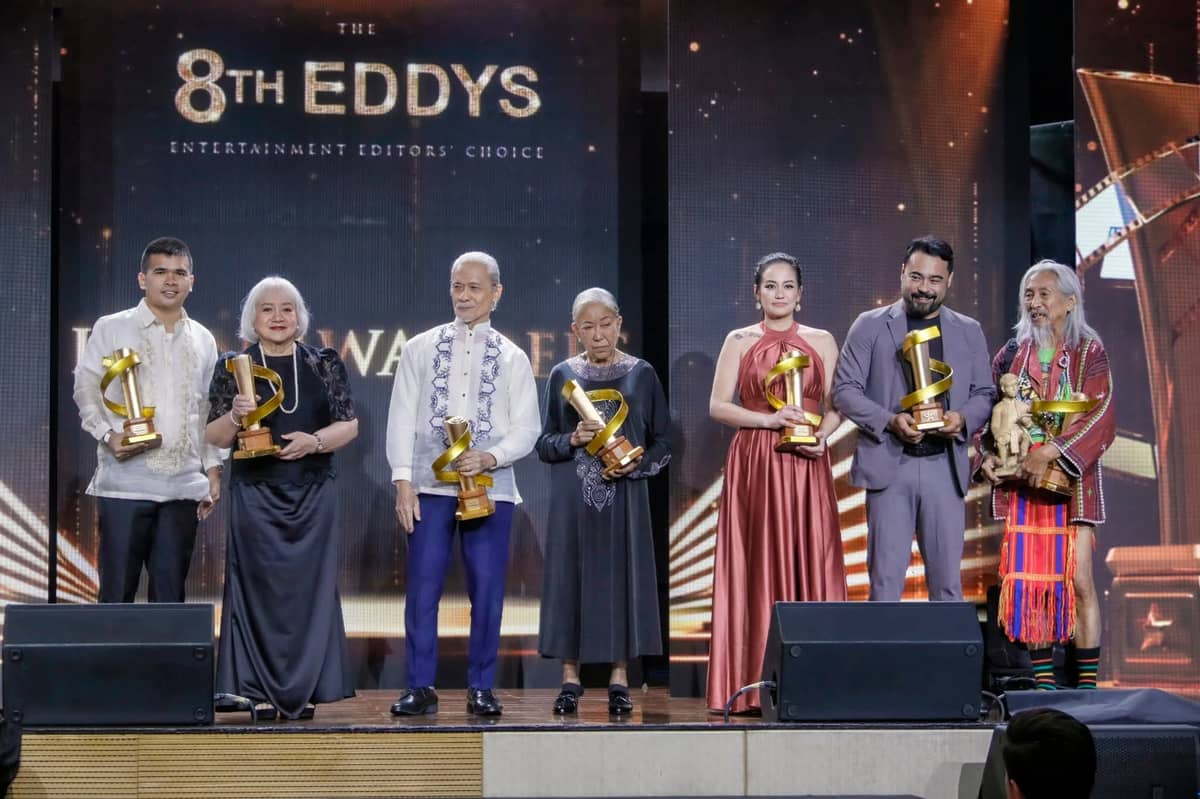 MOVIE icon awardees (from left) Renz Spangler (representative for Perla Bautista), Laurice Guillen, Pen Medina, Odette Khan, Max Eigenmann and Sid Lucero (representatives for Rosemarie Gil and Eddie Mesa) with National Artist for Film Kidlat Tahimik.