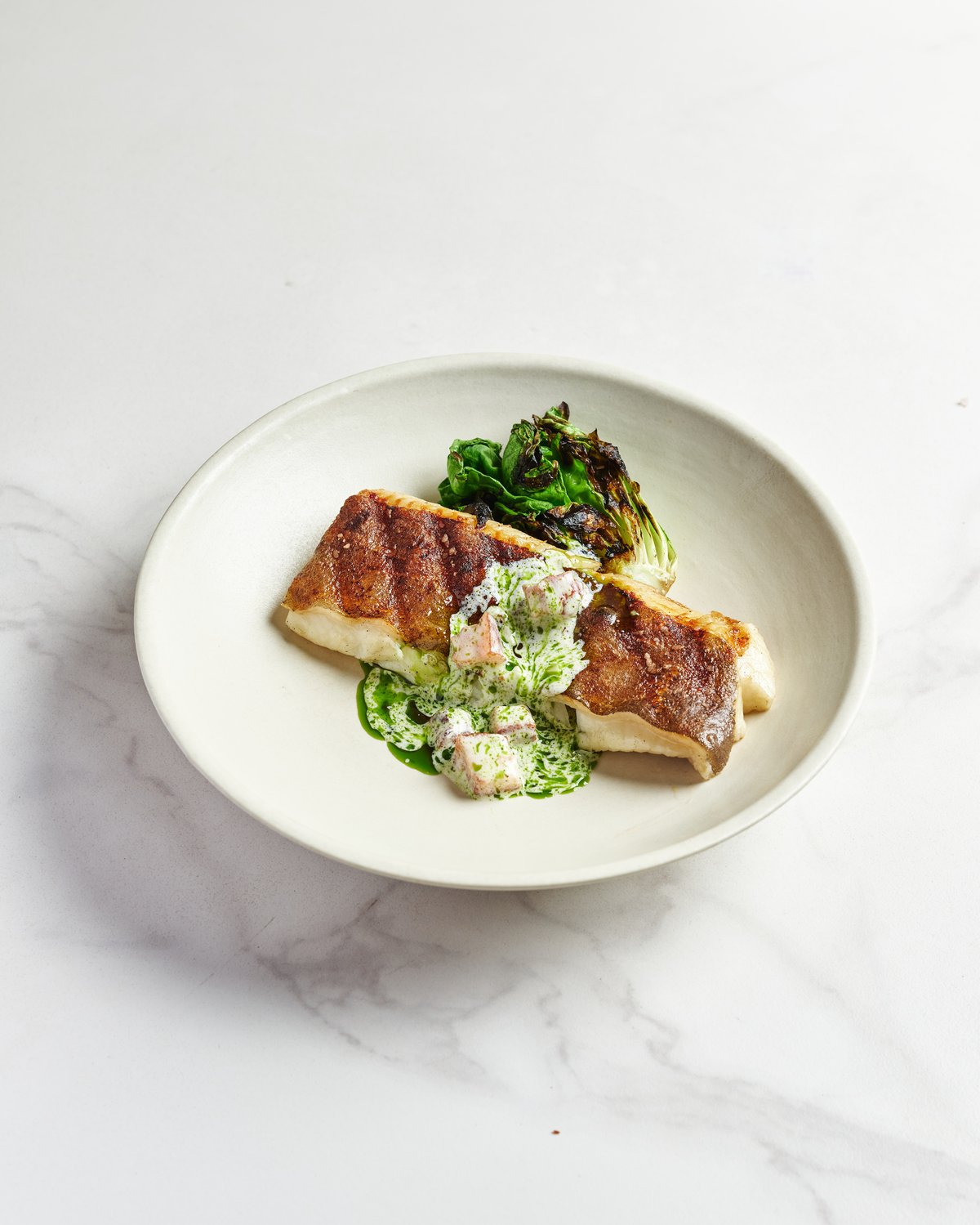 ember Halibut. Butterhead Lettuce. Bacon.