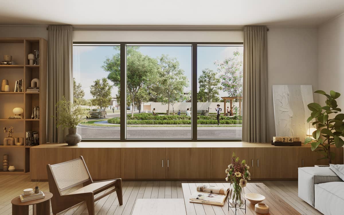 Views of pocket parks create a sense of tranquility in Yume at Riverpark (Artist’s Perspective).