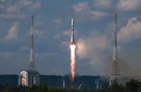 A SOYUZ rocket similar to the one shown here carried the Iranian satellite into space.