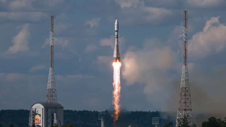 A SOYUZ rocket similar to the one shown here carried the Iranian satellite into space.